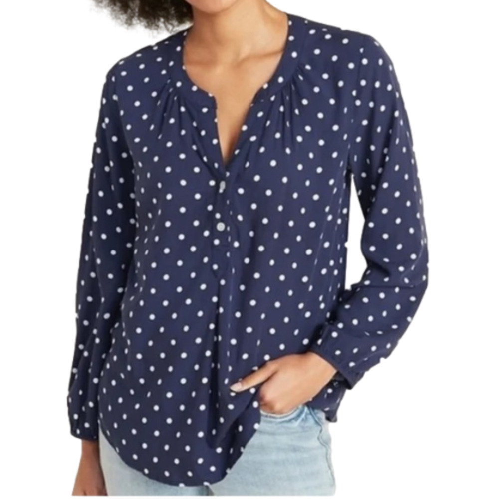 OLD NAVY Henley Blouse Lightweight Long Sleeve Polka Dot Blue/White Women XL